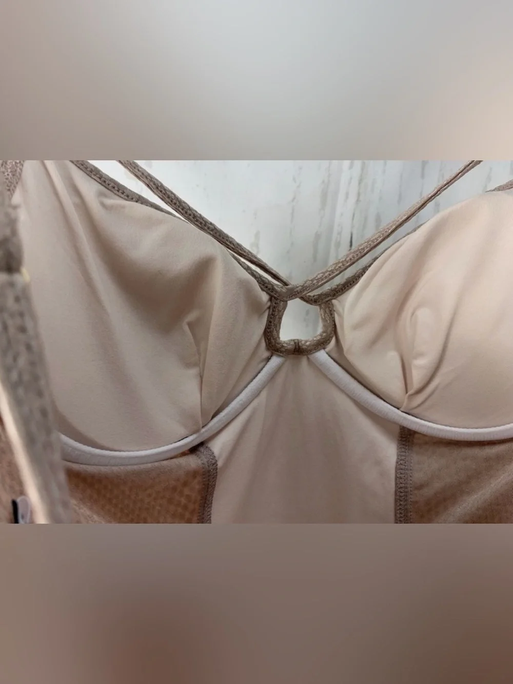 Robin Piccone Blush Beige Plunge Underwire OnePiece Chain Strap Swimsuit 12 $228